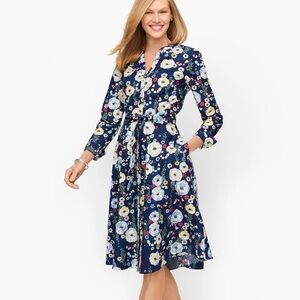 Talbots Falling Blossoms Belted Shirtdress 8 Longsleeve Pockets Floral Navy